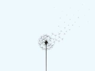Surreal Freedom concept. vector Illustration of a dandelion vanishing in the sky with the wind.