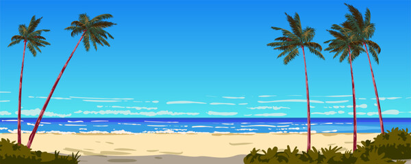Ocean view on the sand beach, palms, seashore, horizon