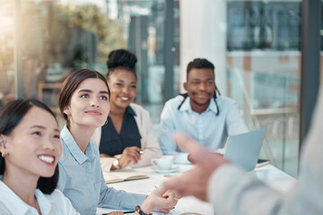 Fototapeta premium Presentation, meeting and happy business people in office for brainstorming, strategy and planning together. Diversity, teamwork and group of workers listen to seminar, workshop and corporate leader