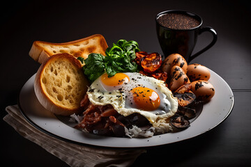 fried eggs and bacon and hash browns and black pudding and mushrooms and toast. Generative AI	