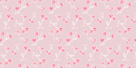 Pink minimalistic vector seamless pattern with small white flowers for textiles, wrapping paper, covers, backgrounds, wallpapers