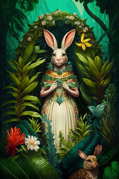 Easter Celebrations in the Jungle: The Bunny Hybrid with majestic dress - Generative Ai