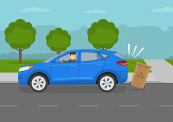 Car driving tips and outdoor parking rules. Upset driver is looking back from the open window. Driver hits the trash container while reversing. Flat vector illustration template.
