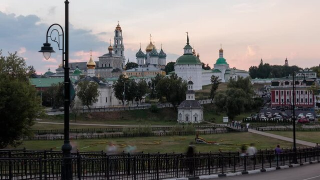 Evening view of holy Trinity St. Sergius Lavra in Sergiev Posad in the Moscow Region. Time-lapse.