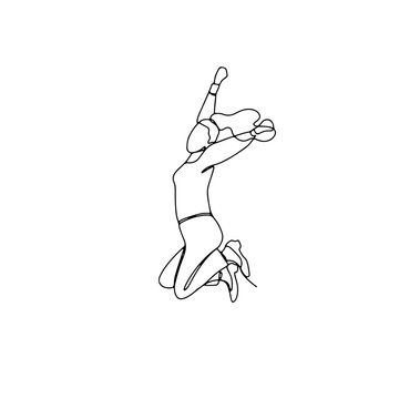 recommend clip art: Single line drawing of jumping woman. Linear hand drawn doodle on white background