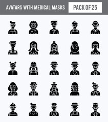 25 Avatars With Medical Masks Glyph icon pack. vector illustration.