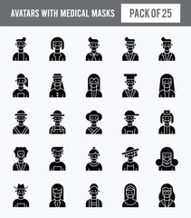 25 Avatars With Medical Masks Glyph icon pack. vector illustration.