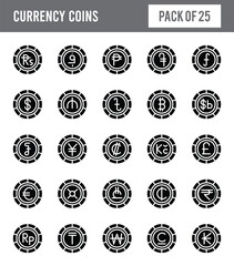 25 Currency Coins Glyph icon pack. vector illustration.