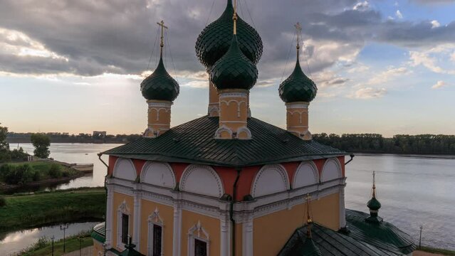 Aerial view of transfiguration Cathedral in the Uglich Kremlin. Time-lapse.