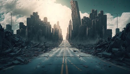 Conceptual image of a destroyed city. Generative AI