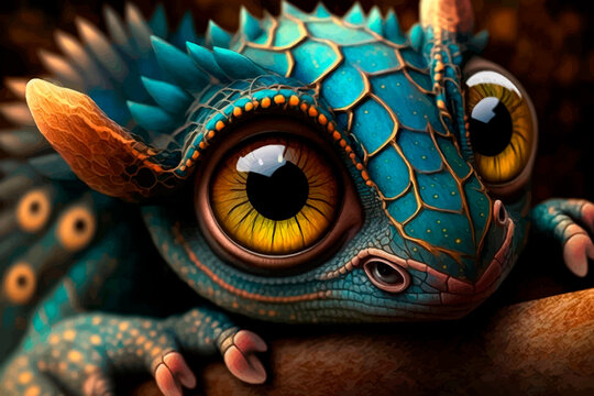 Super cute small blue baby dragon whith big eyes. Fantasy monster. 3d illustration. Close-up.
