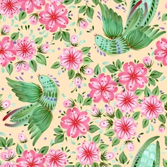 Foto op Canvas Floral seamless pattern in Ukrainian folk painting style Petrykivka. Fantasy birds, flowers, leaves on a light beige background © L. Kramer