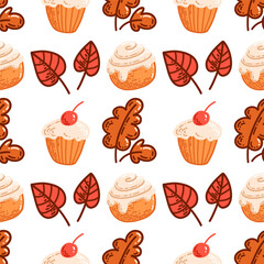 Seamless vector pattern with cakes and autumn leaves. Cute and cozy fall design for textile or fabric.