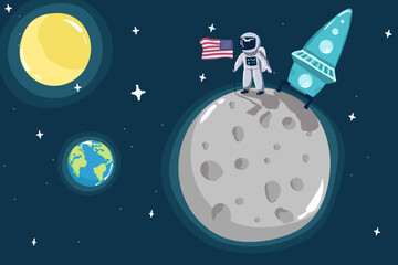 Cute little astronaut stand on the moon with USA flag.Space mission.Childish vector illustration,