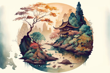 illustration landscape of a secluded house in nature	