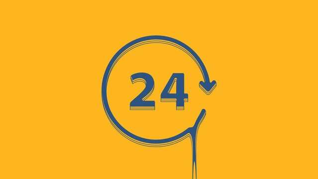 Blue Clock 24 hours icon isolated on orange background. All day cyclic icon. 24 hours service symbol. 4K Video motion graphic animation
