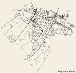 Fototapeta na wymiar Detailed hand-drawn navigational urban street roads map of the ZWIJNAARDE MUNICIPALITY of the Belgian city of GHENT, Belgium with vivid road lines and name tag on solid background