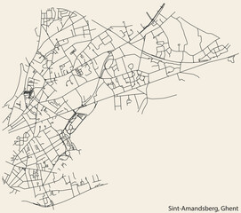 Fototapeta na wymiar Detailed hand-drawn navigational urban street roads map of the SINT-AMANDSBERG MUNICIPALITY of the Belgian city of GHENT, Belgium with vivid road lines and name tag on solid background