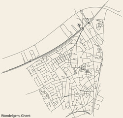Detailed hand-drawn navigational urban street roads map of the WONDELGEM MUNICIPALITY of the Belgian city of GHENT, Belgium with vivid road lines and name tag on solid background