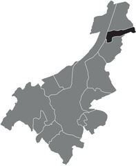 Black flat blank highlighted location map of the MENDONK MUNICIPALITY inside gray administrative map of GHENT, Belgium