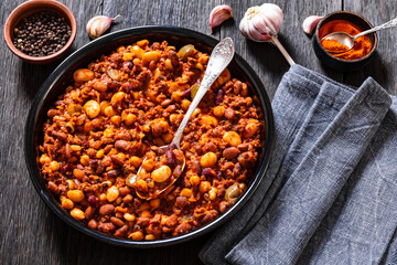 Beans and Sausage bake in baking dish, top view