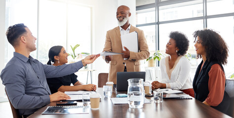 Business people, boss and meeting documents, employee proposal review and financial report update. Senior black man, executive or ceo and portfolio of company management and professional staff agenda