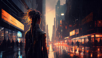 a digital artwork of woman in the city with cyberpunk style