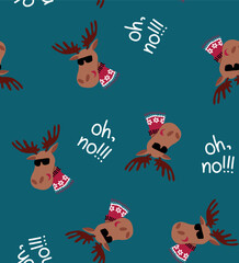 Cartoon elk in a christmas sweater . Forest animal moose card and seamless pattern. Hand drawn kids fun clothes design illustration