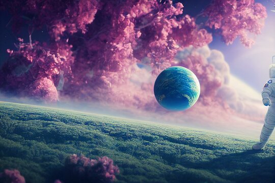 astronaut on beautiful pink planet with lush vegetation and flowers, digital art. Generative AI