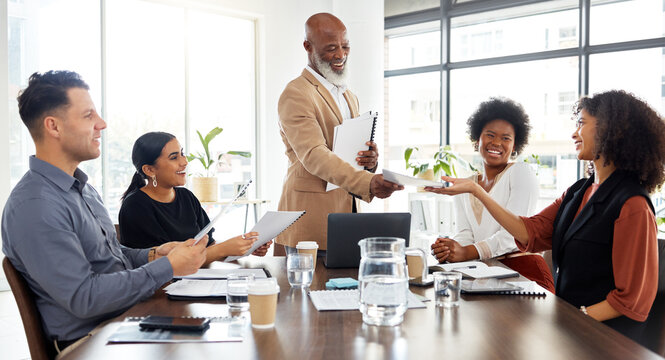 Business meeting, boss and people for documents, proposal review and financial report update. Senior black man, executive or ceo with portfolio of company management and professional employees agenda