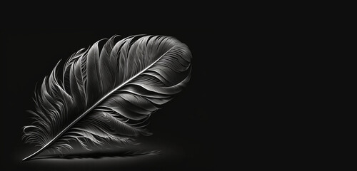 A dark gray feather on a gray background. Generative AI.