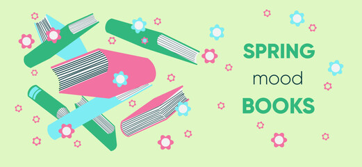 Spring banner for bookstore with books and flowers