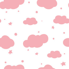 beautiful background, for printing textiles, web design, social networks. Vector pattern with peas, dots, circles, abstract stars on a pink background. For girls, kids, babies. Pattern with clouds .