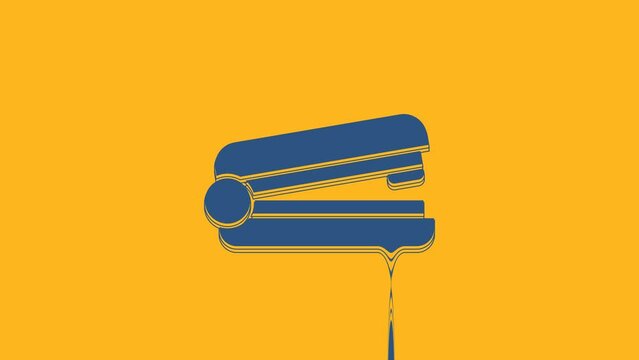 Blue Office stapler icon isolated on orange background. Stapler, staple, paper, cardboard, office equipment. 4K Video motion graphic animation