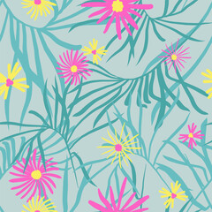 Tropical background with flowers and palm trees. seamless pattern.