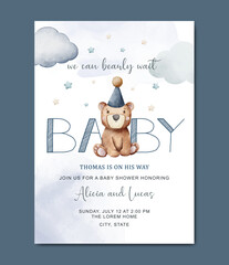 cute baby shower watercolor invitation card for baby and kids new born celebration - obrazy, fototapety, plakaty