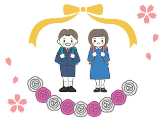 新入学の小学生（リボン、桜、ペーパーフラワー）