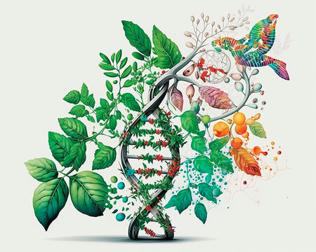 generative ai illustration of modern Biology laboratory nature and science, DNA, gene therapy, and plants with biochemistry structures on white backgrounds