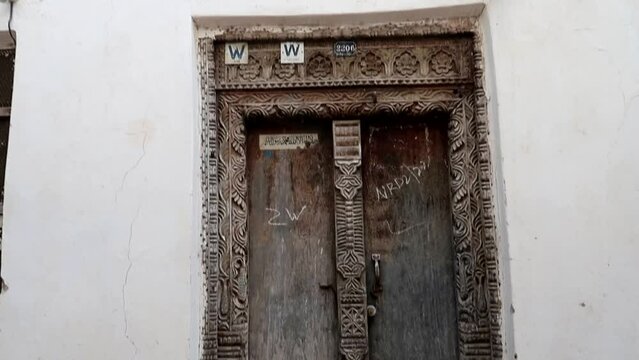 Close up view of typical Arab door located in Mji Mkongwe. Zanzibar, Africa