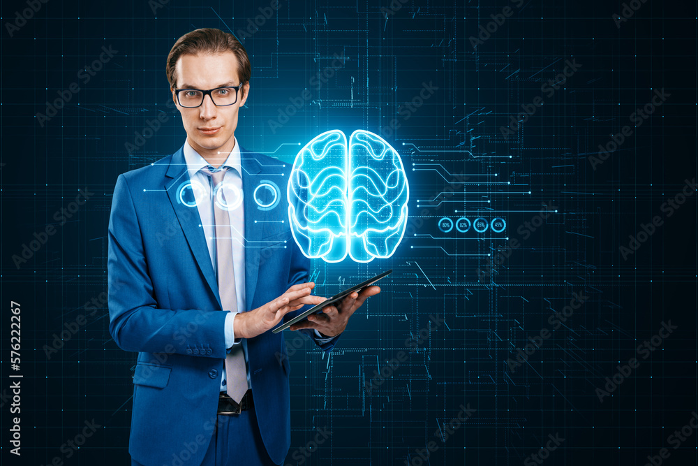 Poster attractive young european businessman using cellphone with glowing brain hologram on blurry dark cir