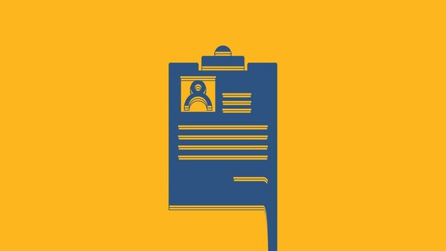 Blue Clipboard with resume icon isolated on orange background. CV application. Curriculum vitae, job application form with profile photo. 4K Video motion graphic animation