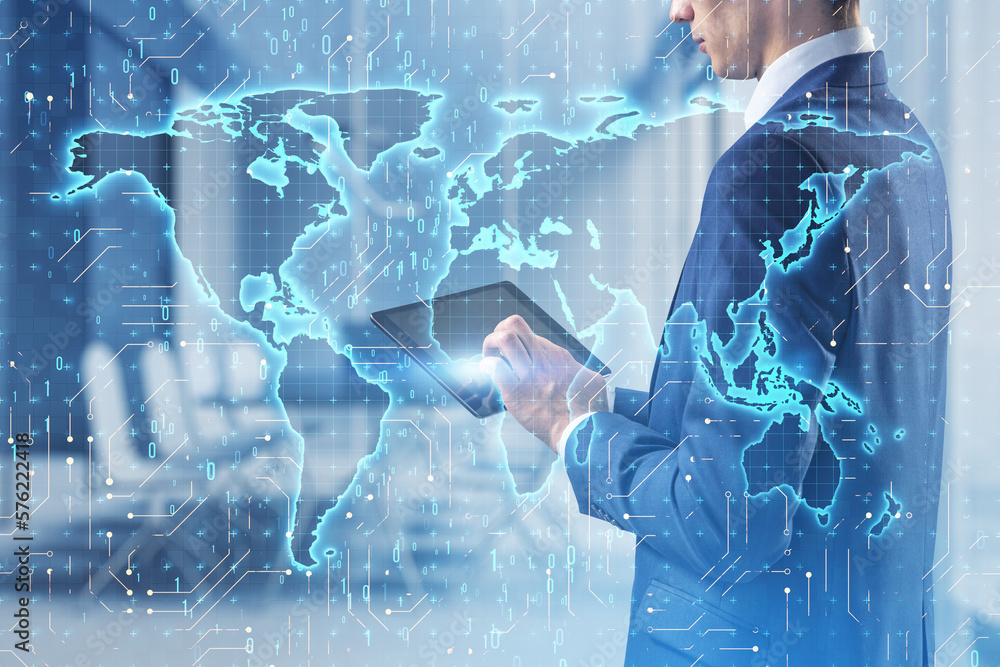 Aufkleber Close up of businessman hand using tablet with glowing binary code map hologram on blurry office interior background. Software and global technology concept. Double exposure.
