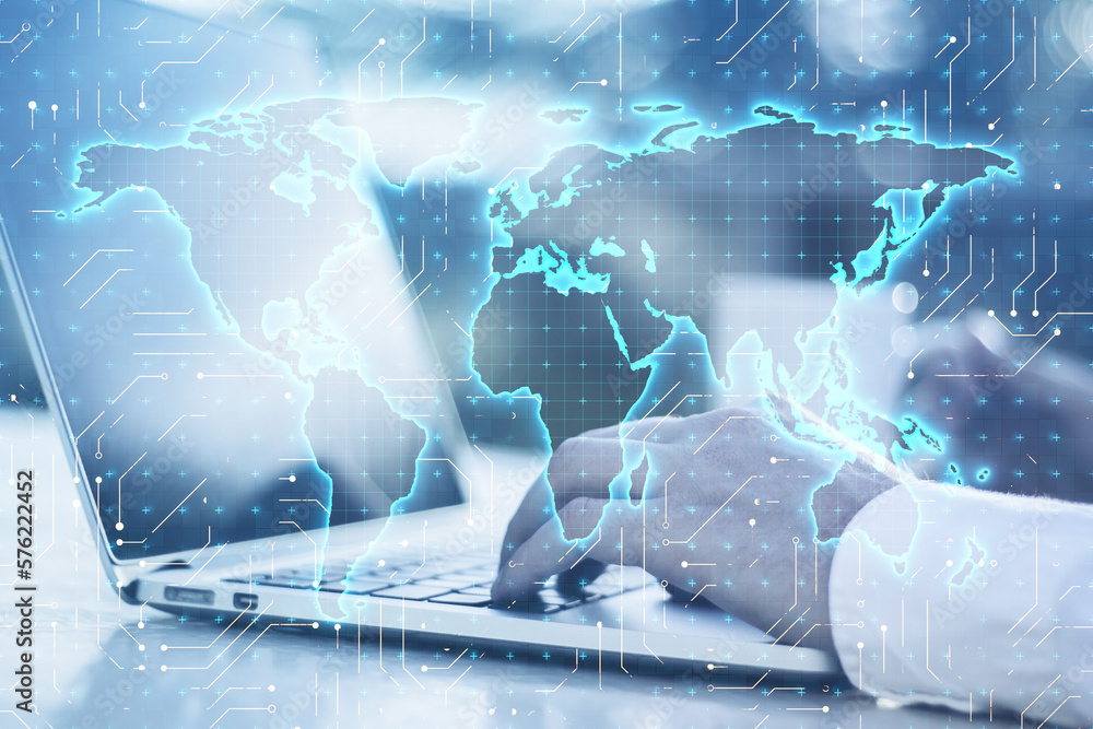 Poster Close up of male hands using laptop computer on desktop with coffee cup and glowing binary code map hologram on blurry background. Software and global technology concept. Double exposure.