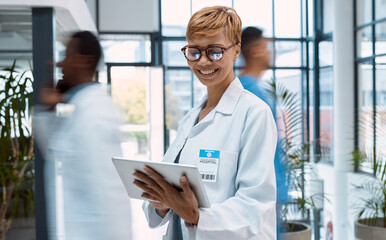 Doctor, tablet and black woman in busy hospital or clinic for research, telehealth or online...