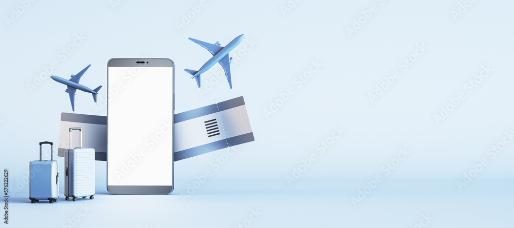 Poster Business travel and booking concept with blank white smartphone display with place for your application on light background with space for your brand name or logo and suitcases. 3D rendering, mockup