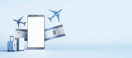 Business travel and booking concept with blank white smartphone display with place for your application on light background with space for your brand name or logo and suitcases. 3D rendering, mockup