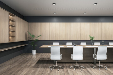 Back view on huge meeting table with white chairs around on dark wooden floor in modern interior design conference room with light wall decoration background and plant in the corner. 3D rendering