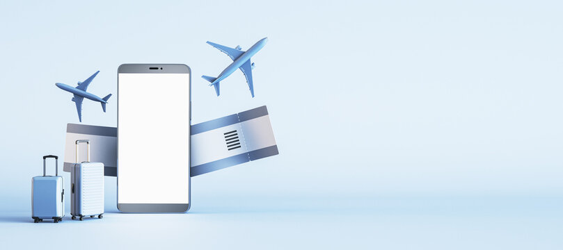 Business travel and booking concept with blank white smartphone display with place for your application on light background with space for your brand name or logo and suitcases. 3D rendering, mockup