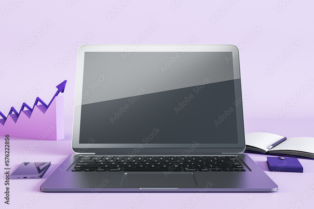 Aufkleber blank laptop computer screen, supplies and creative colorful business chart on workplace desktop. an