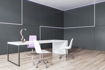 Minimalistic wooden and concrete office interior with furniture. 3D Rendering.